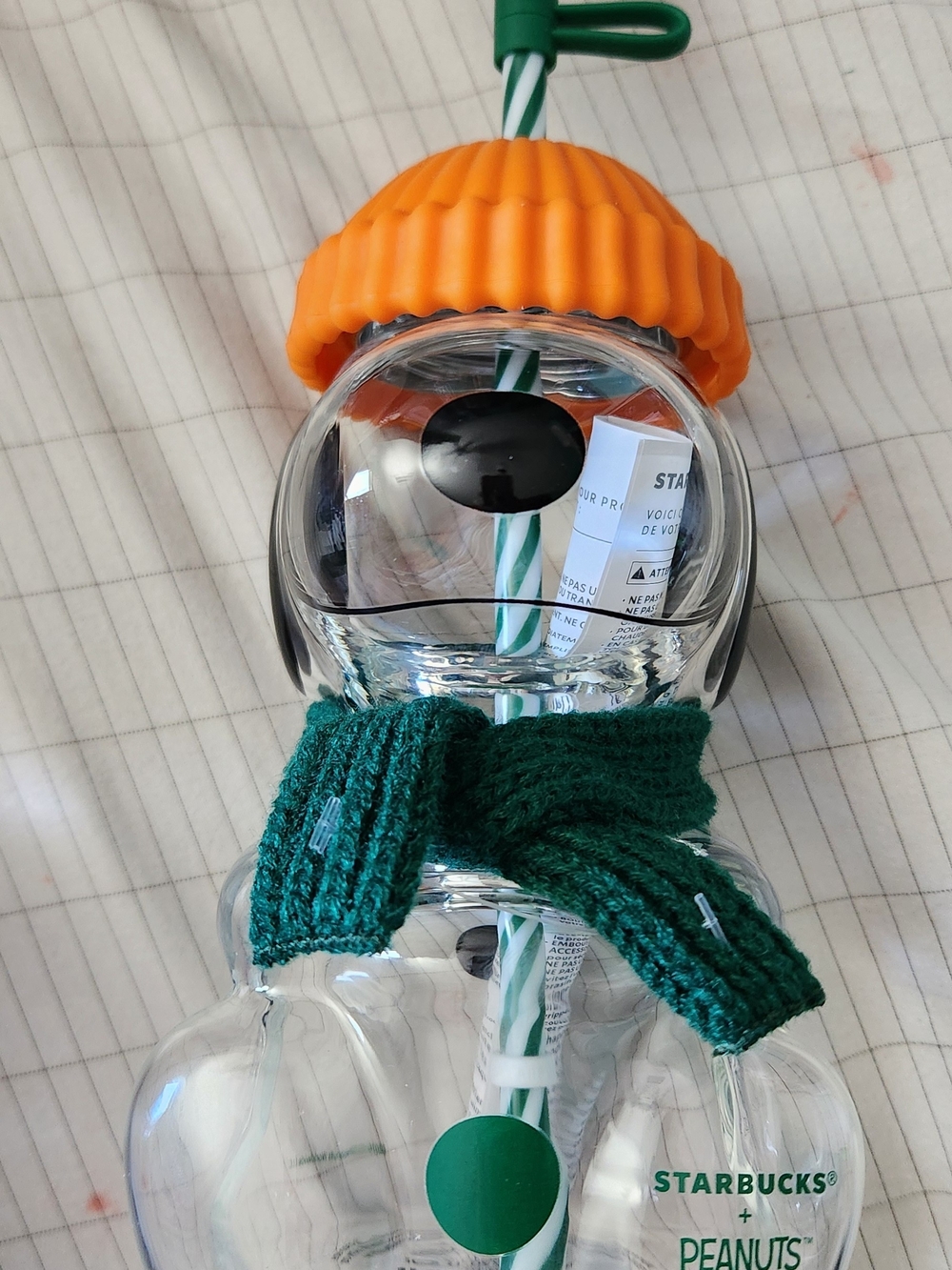 STARBUCKS Peanuts Bearista Kids Clear Bottle with Orange Hat and Green Scarf